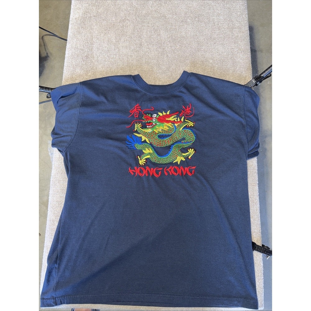 Vintage Hong Kong Dragon Embroidered Tshirt Tee Blue Unisex Size XL